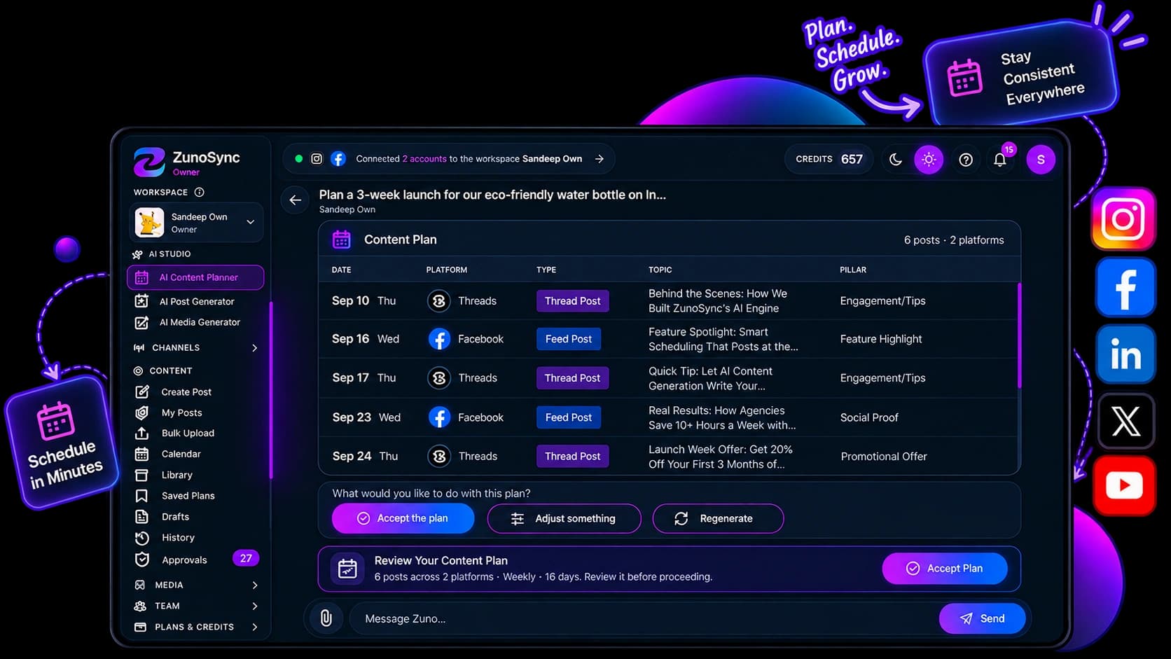 ZunoSync dark content calendar and scheduling board